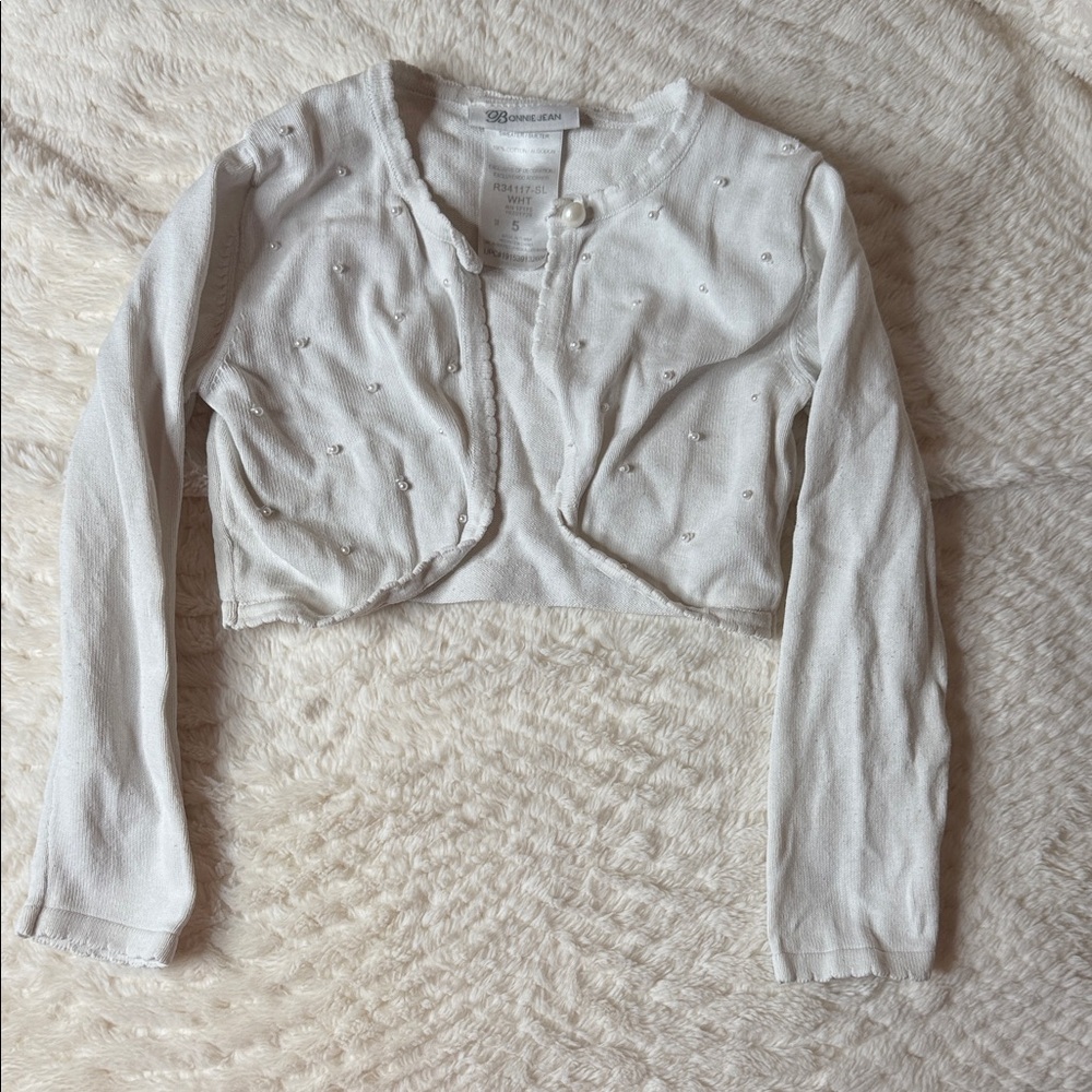 White Beaded Cropped Girls Cardigan